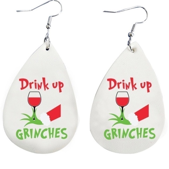 Grinch Drink Up Grinches Holiday Faux Leather Teardrop Earrings New in Package - Picture 3 of 9